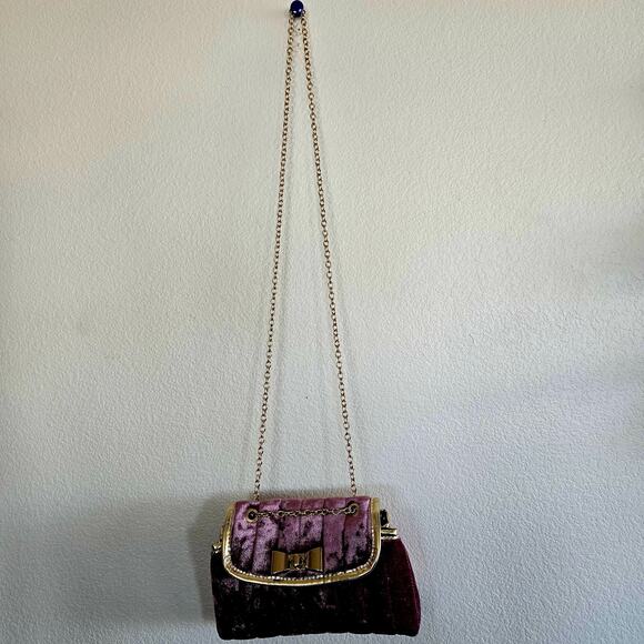 Blush Mauve Velvet Crossbody Metal Bow Shoulder Flap Bag Gold Chain Coquette - Picture 3 of 6